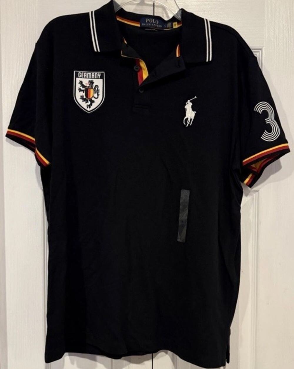 NWT Polo Ralph Lauren Mens Germany #3 Big PONY Black Soccer Polo Shirt Sz Medium